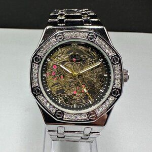 Montres Carlo Watch Men Silver Tone Crystal Bezel Faux Skeleton Dial New Battery